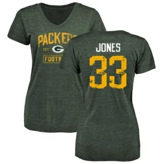 Aaron Jones Women's Green Bay Packers Green Distressed Name & Number Tri-Blend V-Neck T-Shirt