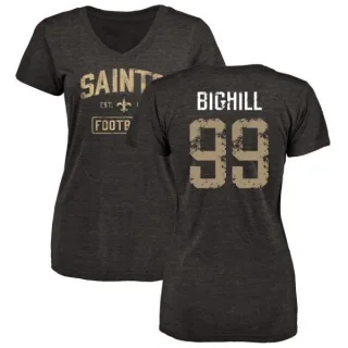 Adam Bighill Women's New Orleans Saints Black Distressed Name & Number Tri-Blend V-Neck T-Shirt