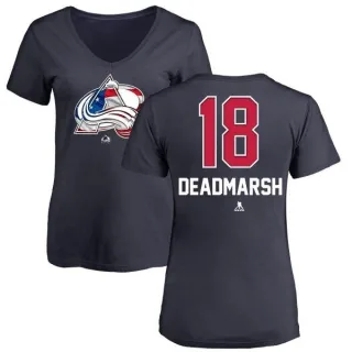 Adam Deadmarsh Women's Colorado Avalanche Name and Number Banner Wave V-Neck T-Shirt - Navy