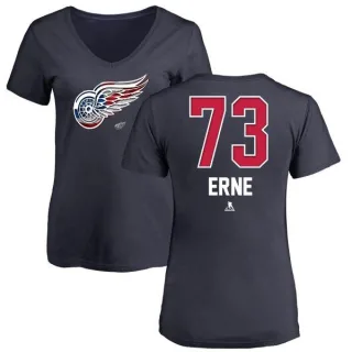 Adam Erne Women's Detroit Red Wings Name and Number Banner Wave V-Neck T-Shirt - Navy