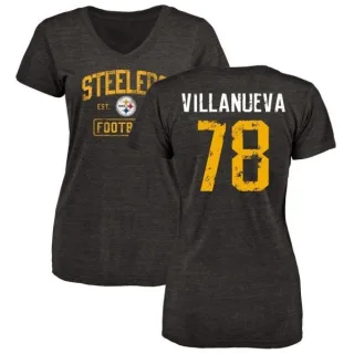 Alejandro Villanueva Women's Pittsburgh Steelers Black Distressed Name & Number Tri-Blend V-Neck T-Shirt