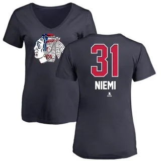 Antti Niemi Women's Chicago Blackhawks Name and Number Banner Wave V-Neck T-Shirt - Navy