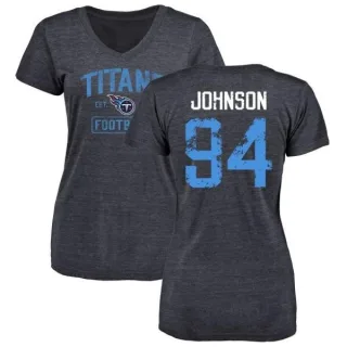 Austin Johnson Women's Tennessee Titans Navy Distressed Name & Number Tri-Blend V-Neck T-Shirt