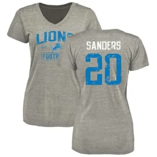 Barry Sanders Women's Detroit Lions Heather Gray Distressed Name & Number Tri-Blend V-Neck T-Shirt