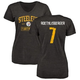 Ben Roethlisberger Women's Pittsburgh Steelers Black Distressed Name & Number Tri-Blend V-Neck T-Shirt