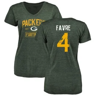 Brett Favre Women's Green Bay Packers Green Distressed Name & Number Tri-Blend V-Neck T-Shirt