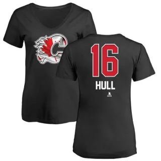 Brett Hull Women's Calgary Flames Name and Number Banner Wave V-Neck T-Shirt - Black