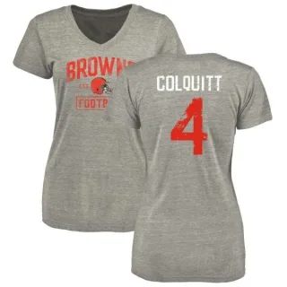 Britton Colquitt Women's Cleveland Browns Heather Gray Distressed Name & Number Tri-Blend V-Neck T-Shirt