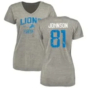 Calvin Johnson Women's Detroit Lions Heather Gray Distressed Name & Number Tri-Blend V-Neck T-Shirt