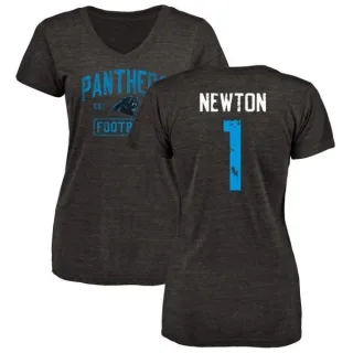 Cam Newton Women's Carolina Panthers Black Distressed Name & Number Tri-Blend V-Neck T-Shirt