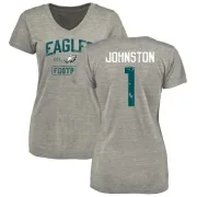 Cameron Johnston Women's Philadelphia Eagles Heather Gray Distressed Name & Number Tri-Blend V-Neck T-Shirt