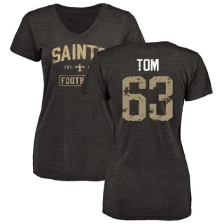 Cameron Tom Women's New Orleans Saints Black Distressed Name & Number Tri-Blend V-Neck T-Shirt