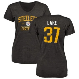 Carnell Lake Women's Pittsburgh Steelers Black Distressed Name & Number Tri-Blend V-Neck T-Shirt