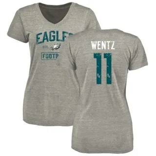 Carson Wentz Women's Philadelphia Eagles Heather Gray Distressed Name & Number Tri-Blend V-Neck T-Shirt