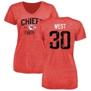 Charcandrick West Women's Kansas City Chiefs Red Distressed Name & Number Tri-Blend V-Neck T-Shirt