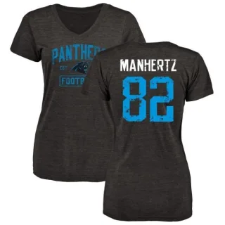 Chris Manhertz Women's Carolina Panthers Black Distressed Name & Number Tri-Blend V-Neck T-Shirt