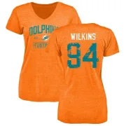 Christian Wilkins Women's Miami Dolphins Orange Distressed Name & Number Tri-Blend V-Neck T-Shirt