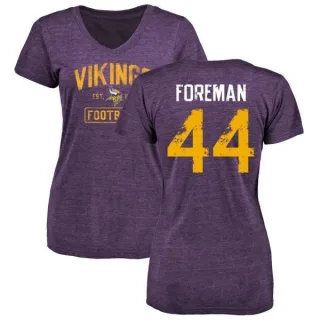 Chuck Foreman Women's Minnesota Vikings Purple Distressed Name & Number Tri-Blend V-Neck T-Shirt