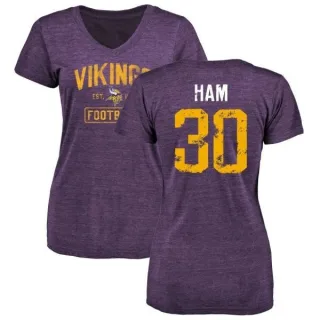 C.J. Ham Women's Minnesota Vikings Purple Distressed Name & Number Tri-Blend V-Neck T-Shirt
