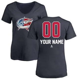 Custom Women's Columbus Blue Jackets Custom Name and Number Banner Wave V-Neck T-Shirt - Navy