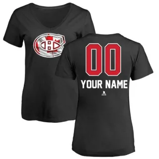 Custom Women's Montreal Canadiens Custom Name and Number Banner Wave V-Neck T-Shirt - Black