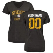 Custom Women's Pittsburgh Steelers Black Distressed Custom Name & Number Tri-Blend V-Neck T-Shirt