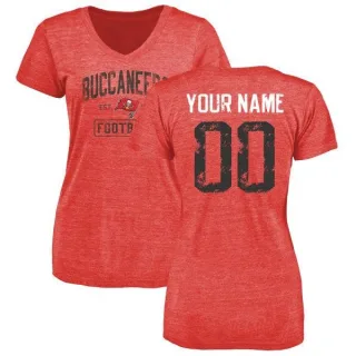 Custom Women's Tampa Bay Buccaneers Red Distressed Custom Name & Number Tri-Blend V-Neck T-Shirt