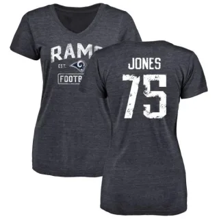 Deacon Jones Women's Los Angeles Rams Distressed Name & Number Tri-Blend V-Neck T-Shirt - Navy