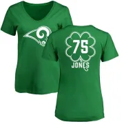 Deacon Jones Women's Los Angeles Rams Green St. Patrick's Day Name & Number V-Neck T-Shirt