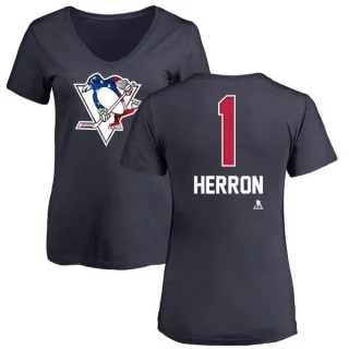 Denis Herron Women's Pittsburgh Penguins Name and Number Banner Wave V-Neck T-Shirt - Navy