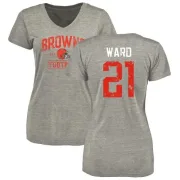 Denzel Ward Women's Cleveland Browns Heather Gray Distressed Name & Number Tri-Blend V-Neck T-Shirt