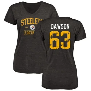 Dermontti Dawson Women's Pittsburgh Steelers Black Distressed Name & Number Tri-Blend V-Neck T-Shirt