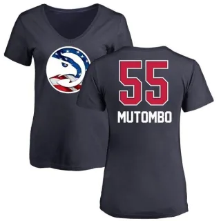 Dikembe Mutombo Women's Atlanta Hawks Navy Name and Number Banner Wave V-Neck T-Shirt