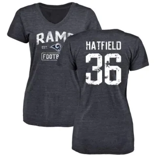 Dominique Hatfield Women's Los Angeles Rams Distressed Name & Number Tri-Blend V-Neck T-Shirt - Navy