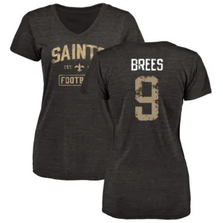 Drew Brees Women's New Orleans Saints Black Distressed Name & Number Tri-Blend V-Neck T-Shirt