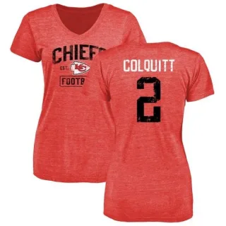 Dustin Colquitt Women's Kansas City Chiefs Red Distressed Name & Number Tri-Blend V-Neck T-Shirt