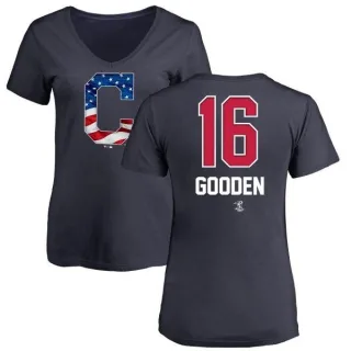 Dwight Gooden Women's Cleveland Indians Name and Number Banner Wave V-Neck T-Shirt - Navy