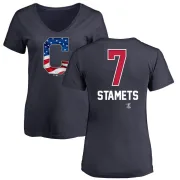 Eric Stamets Women's Cleveland Indians Name and Number Banner Wave V-Neck T-Shirt - Navy