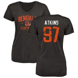 Geno Atkins Women's Cincinnati Bengals Black Distressed Name & Number Tri-Blend V-Neck T-Shirt