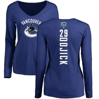 Gino Odjick Women's Vancouver Canucks Backer V-Neck Long-Sleeve T-Shirt - Royal