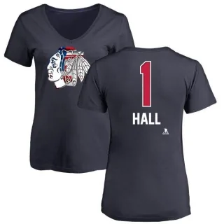 Glenn Hall Women's Chicago Blackhawks Name and Number Banner Wave V-Neck T-Shirt - Navy