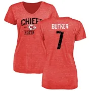 Harrison Butker Women's Kansas City Chiefs Red Distressed Name & Number Tri-Blend V-Neck T-Shirt