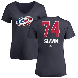 Jaccob Slavin Women's Carolina Hurricanes Name and Number Banner Wave V-Neck T-Shirt - Navy