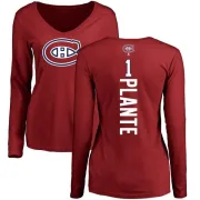 Jacques Plante Women's Montreal Canadiens Backer V-Neck Long-Sleeve T-Shirt - Red