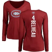 Jean Beliveau Women's Montreal Canadiens Backer V-Neck Long-Sleeve T-Shirt - Red