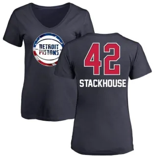 Jerry Stackhouse Women's Detroit Pistons Navy Name and Number Banner Wave V-Neck T-Shirt