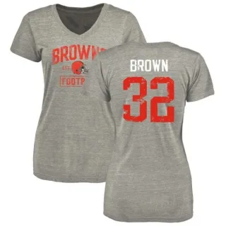 Jim Brown Women's Cleveland Browns Heather Gray Distressed Name & Number Tri-Blend V-Neck T-Shirt