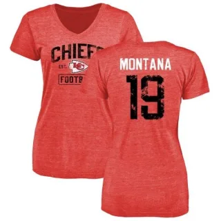 Joe Montana Women's Kansas City Chiefs Red Distressed Name & Number Tri-Blend V-Neck T-Shirt