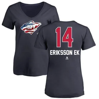 Joel Eriksson Ek Women's Minnesota Wild Name and Number Banner Wave V-Neck T-Shirt - Navy