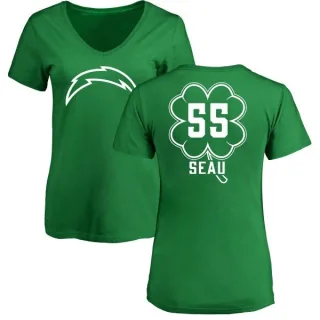 Junior Seau Women's Los Angeles Chargers Green St. Patrick's Day Name & Number V-Neck T-Shirt